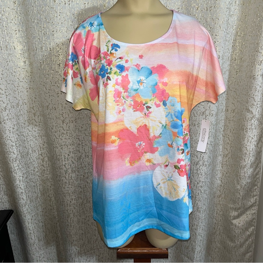 Chico's Coral Reef Floral Dolman Short Sleeve Tee, NWT, Size 1 (S- 8-10)